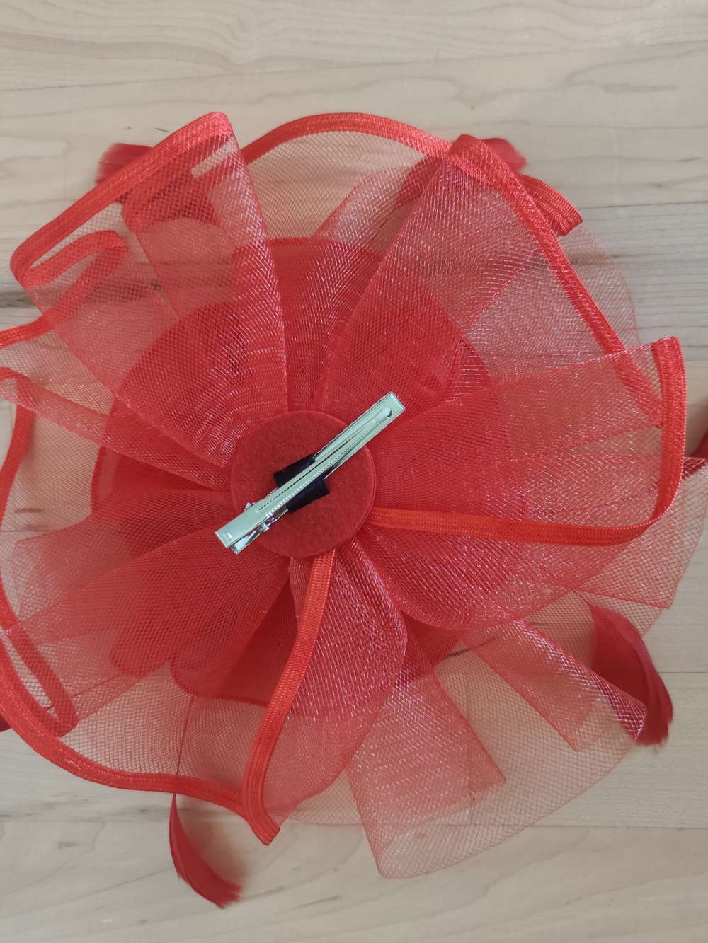 Red Floral Fascinator Hat with Feather Accents - Women Accessories - Picture 2 of 2